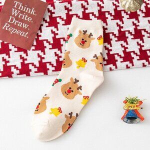 Christmas Rudolf Reindeer Women's Nylon Cotton Jacquard Crew Socks